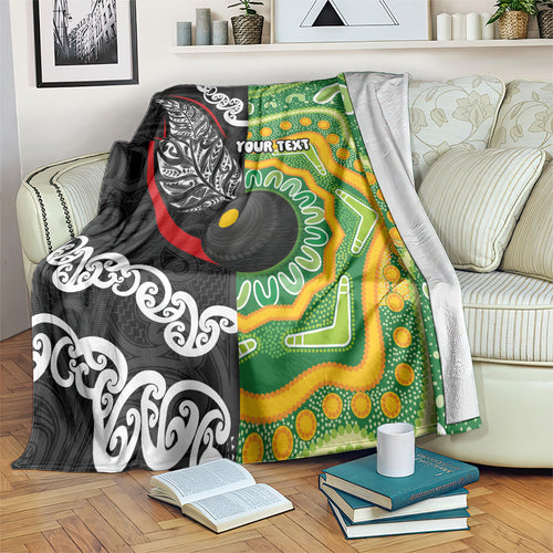 Personalised Aotearoa and Australia Lawn Bowls Blanket Maori Fern and Aboriginal Pattern