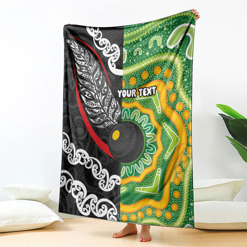 Personalised Aotearoa and Australia Lawn Bowls Blanket Maori Fern and Aboriginal Pattern