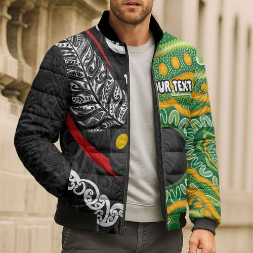 Personalised Aotearoa and Australia Lawn Bowls Bomber Puffer Jacket Maori Fern and Aboriginal Pattern