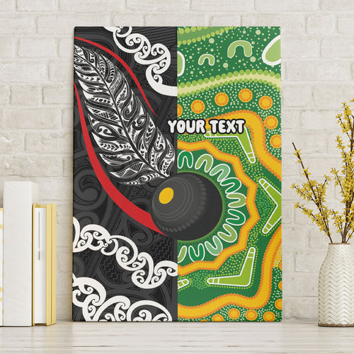 Personalised Aotearoa and Australia Lawn Bowls Canvas Wall Art Maori Fern and Aboriginal Pattern