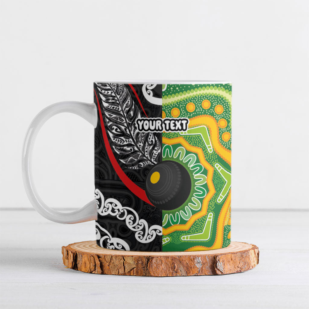 Personalised Aotearoa and Australia Lawn Bowls Ceramic Mug Maori Fern and Aboriginal Pattern