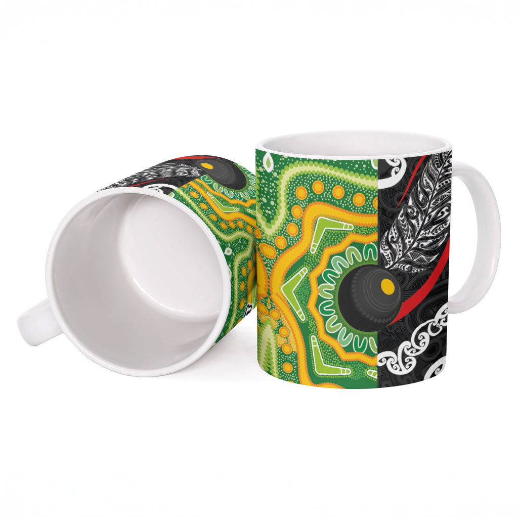 Personalised Aotearoa and Australia Lawn Bowls Ceramic Mug Maori Fern and Aboriginal Pattern