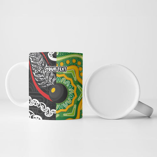 Personalised Aotearoa and Australia Lawn Bowls Ceramic Mug Maori Fern and Aboriginal Pattern