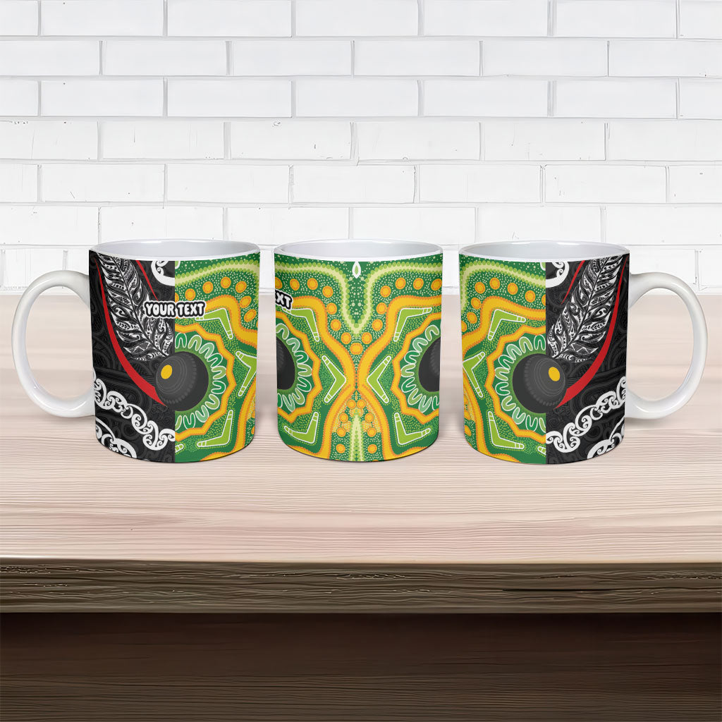 Personalised Aotearoa and Australia Lawn Bowls Ceramic Mug Maori Fern and Aboriginal Pattern