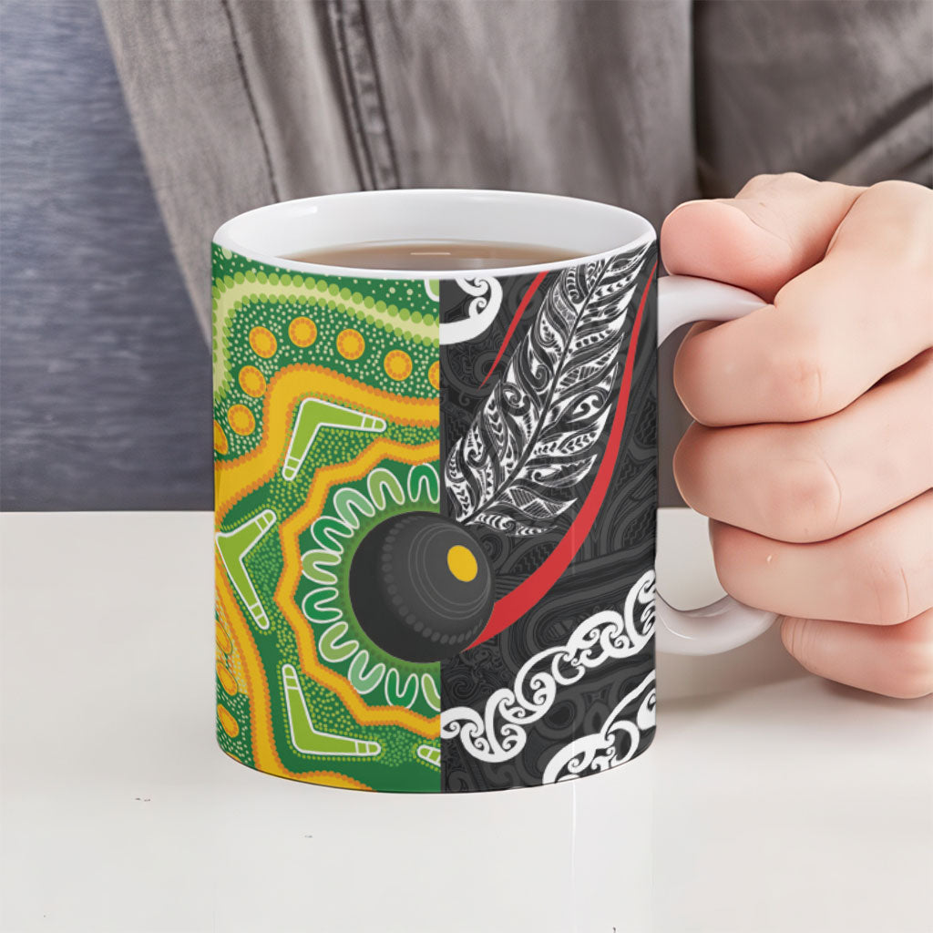 Personalised Aotearoa and Australia Lawn Bowls Ceramic Mug Maori Fern and Aboriginal Pattern