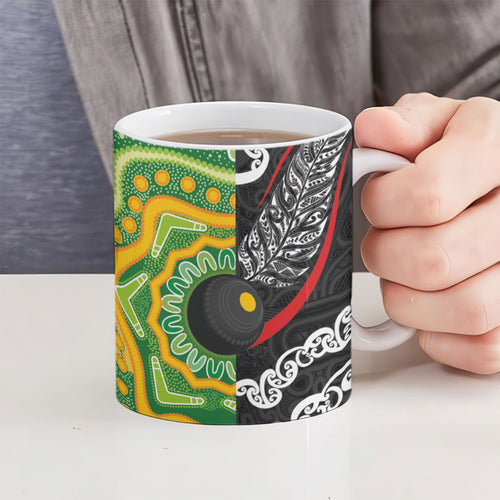 Personalised Aotearoa and Australia Lawn Bowls Ceramic Mug Maori Fern and Aboriginal Pattern