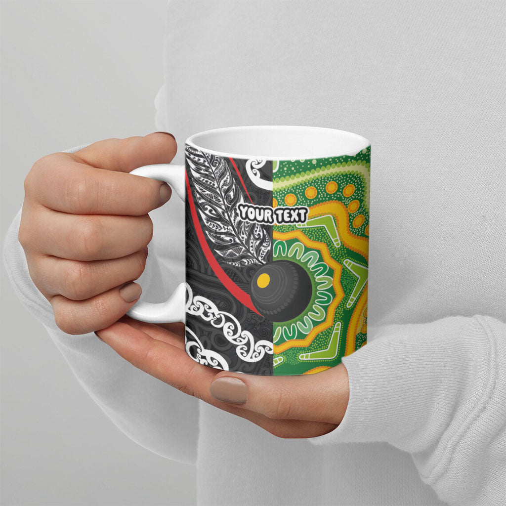 Personalised Aotearoa and Australia Lawn Bowls Ceramic Mug Maori Fern and Aboriginal Pattern
