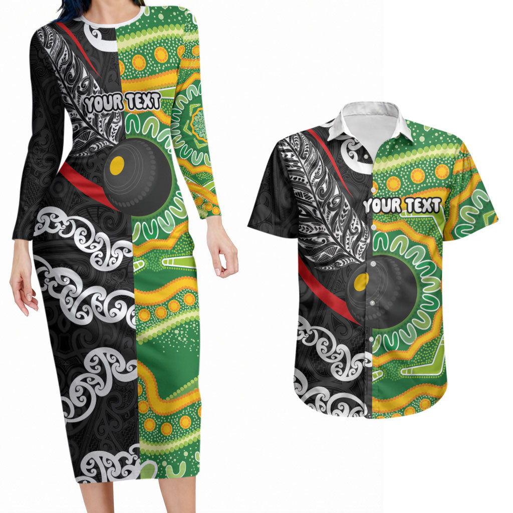 Personalised Aotearoa and Australia Lawn Bowls Couples Matching Long Sleeve Bodycon Dress and Hawaiian Shirt Maori Fern and Aboriginal Pattern