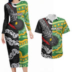 Personalised Aotearoa and Australia Lawn Bowls Couples Matching Long Sleeve Bodycon Dress and Hawaiian Shirt Maori Fern and Aboriginal Pattern