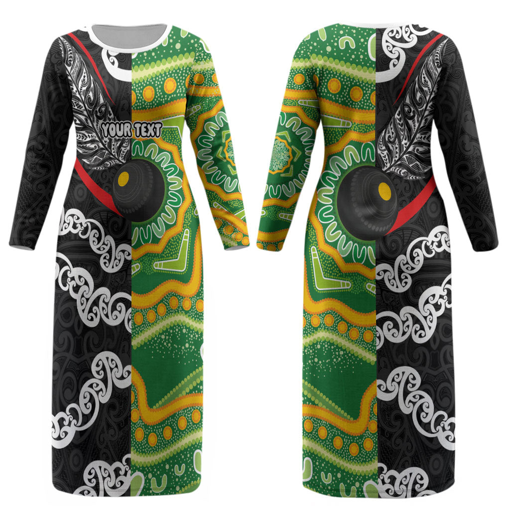 Personalised Aotearoa and Australia Lawn Bowls Couples Matching Long Sleeve Bodycon Dress and Hawaiian Shirt Maori Fern and Aboriginal Pattern