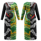 Personalised Aotearoa and Australia Lawn Bowls Couples Matching Long Sleeve Bodycon Dress and Hawaiian Shirt Maori Fern and Aboriginal Pattern