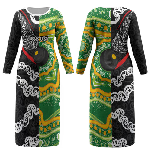 Personalised Aotearoa and Australia Lawn Bowls Couples Matching Long Sleeve Bodycon Dress and Hawaiian Shirt Maori Fern and Aboriginal Pattern