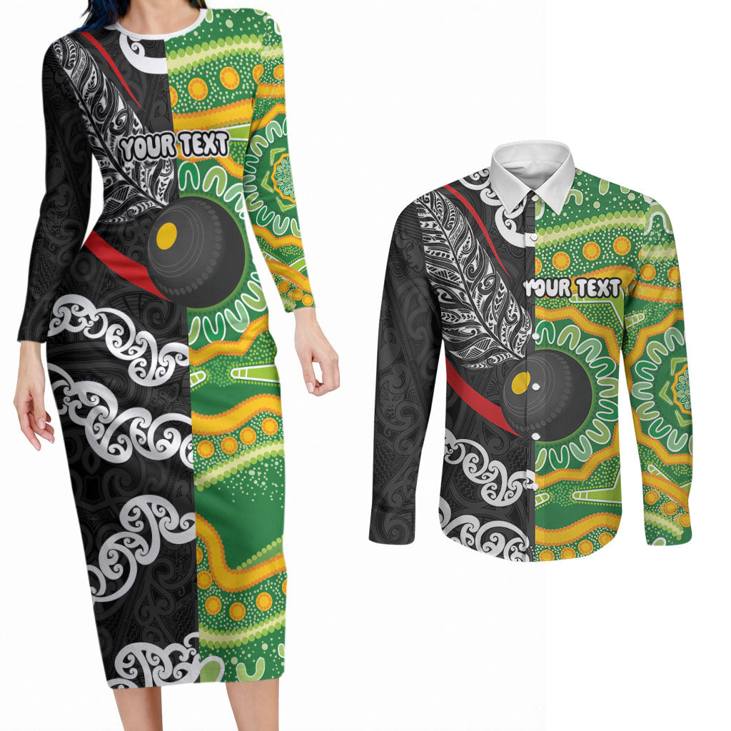 Personalised Aotearoa and Australia Lawn Bowls Couples Matching Long Sleeve Bodycon Dress and Long Sleeve Button Shirt Maori Fern and Aboriginal Pattern