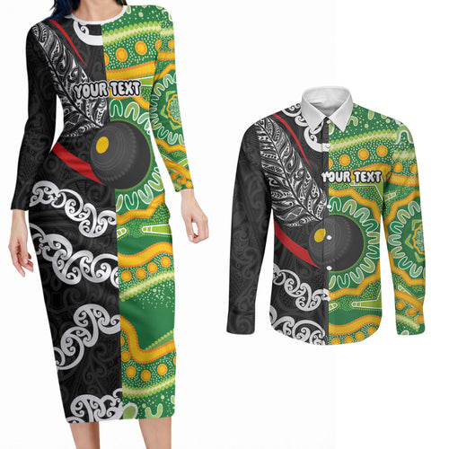 Personalised Aotearoa and Australia Lawn Bowls Couples Matching Long Sleeve Bodycon Dress and Long Sleeve Button Shirt Maori Fern and Aboriginal Pattern
