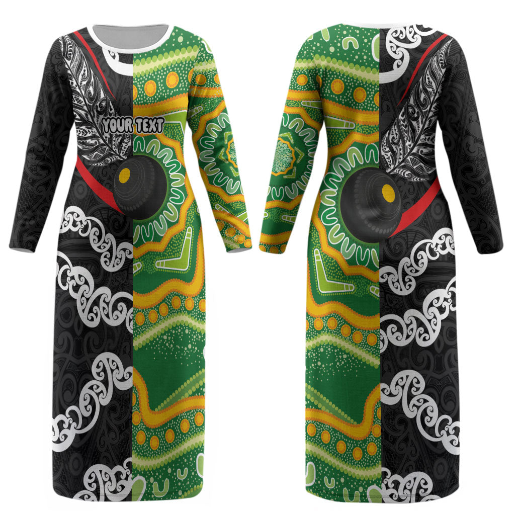 Personalised Aotearoa and Australia Lawn Bowls Couples Matching Long Sleeve Bodycon Dress and Long Sleeve Button Shirt Maori Fern and Aboriginal Pattern