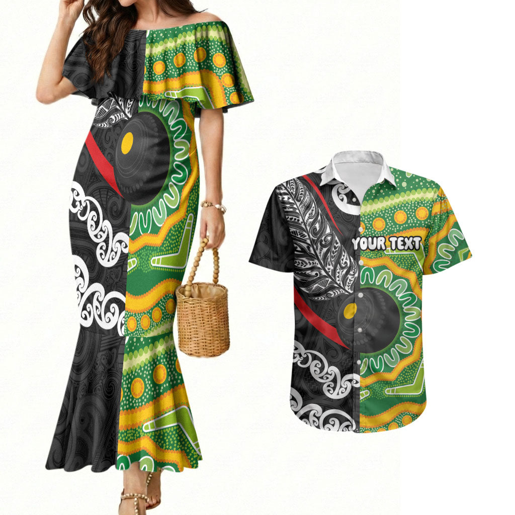 Personalised Aotearoa and Australia Lawn Bowls Couples Matching Mermaid Dress and Hawaiian Shirt Maori Fern and Aboriginal Pattern