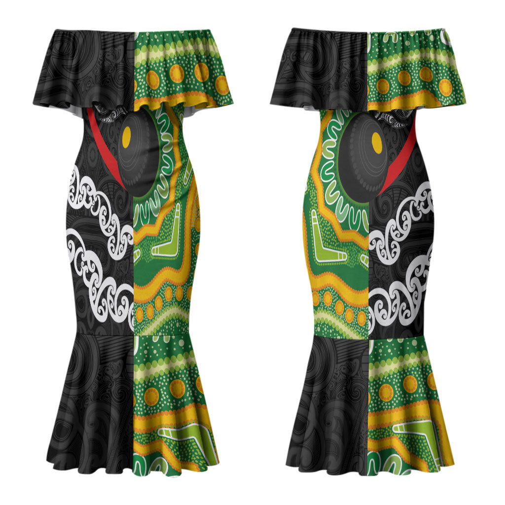 Personalised Aotearoa and Australia Lawn Bowls Couples Matching Mermaid Dress and Long Sleeve Button Shirt Maori Fern and Aboriginal Pattern