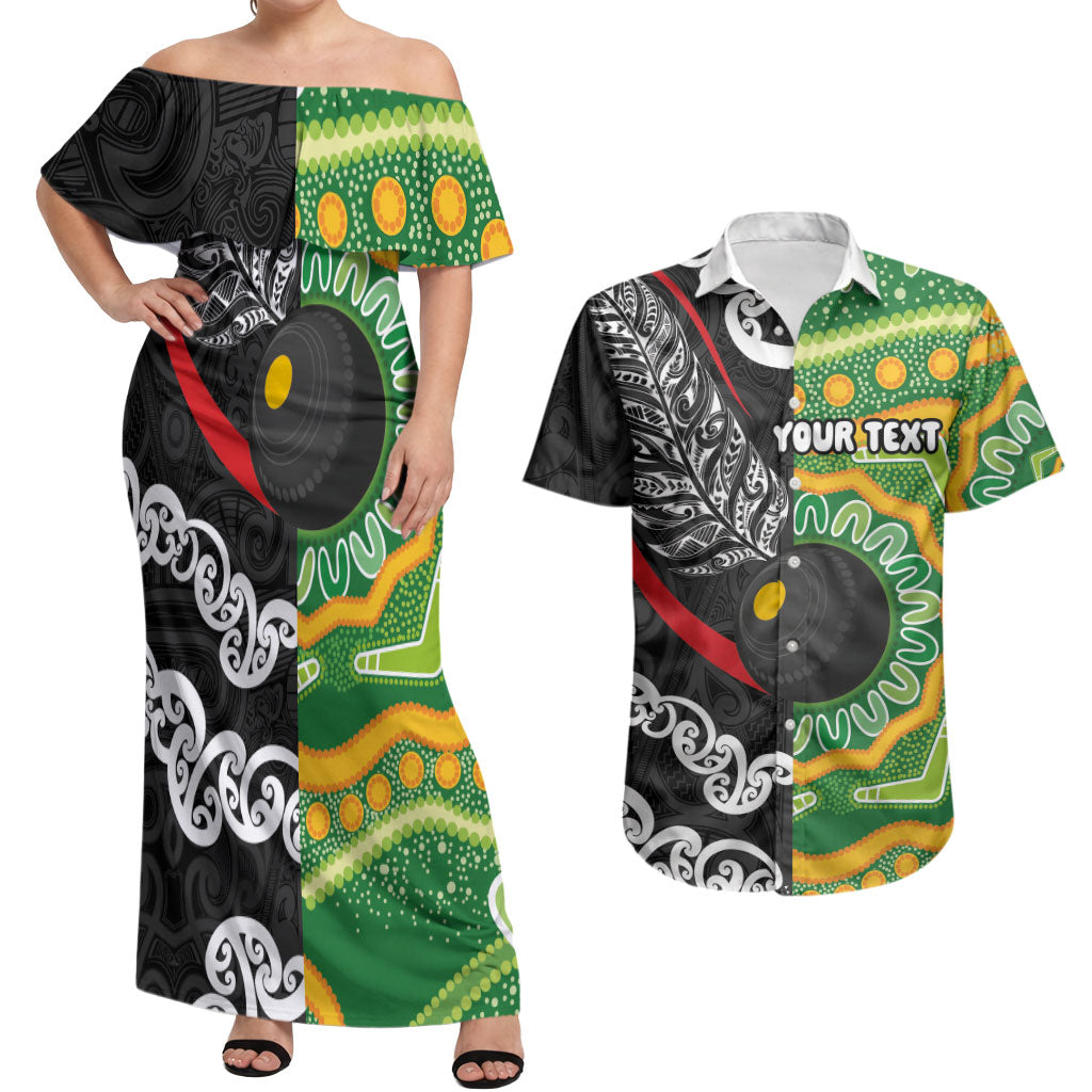 Personalised Aotearoa and Australia Lawn Bowls Couples Matching Off Shoulder Maxi Dress and Hawaiian Shirt Maori Fern and Aboriginal Pattern