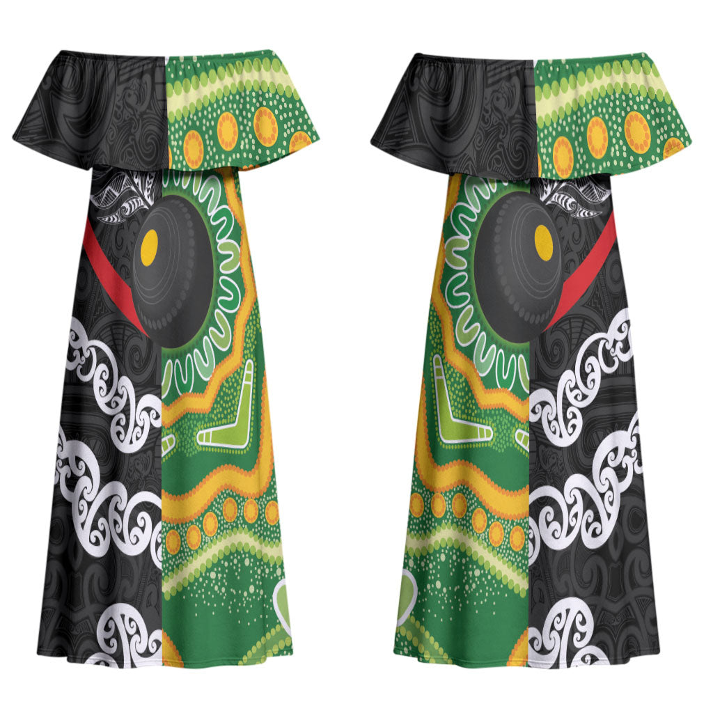 Personalised Aotearoa and Australia Lawn Bowls Couples Matching Off Shoulder Maxi Dress and Hawaiian Shirt Maori Fern and Aboriginal Pattern