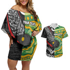 Personalised Aotearoa and Australia Lawn Bowls Couples Matching Off Shoulder Short Dress and Hawaiian Shirt Maori Fern and Aboriginal Pattern