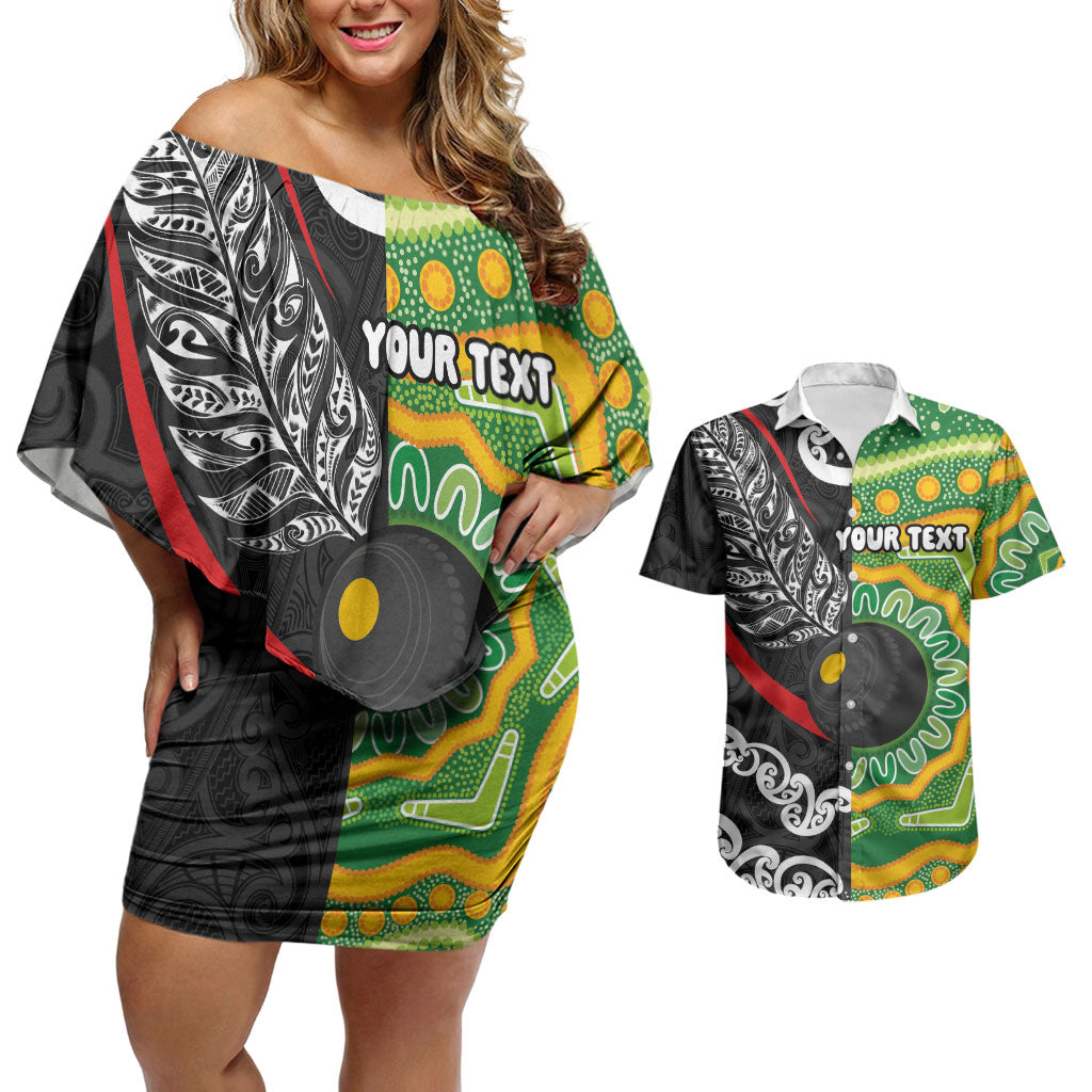 Personalised Aotearoa and Australia Lawn Bowls Couples Matching Off Shoulder Short Dress and Hawaiian Shirt Maori Fern and Aboriginal Pattern