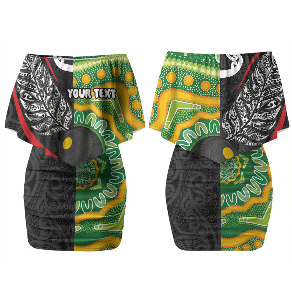 Personalised Aotearoa and Australia Lawn Bowls Couples Matching Off Shoulder Short Dress and Hawaiian Shirt Maori Fern and Aboriginal Pattern