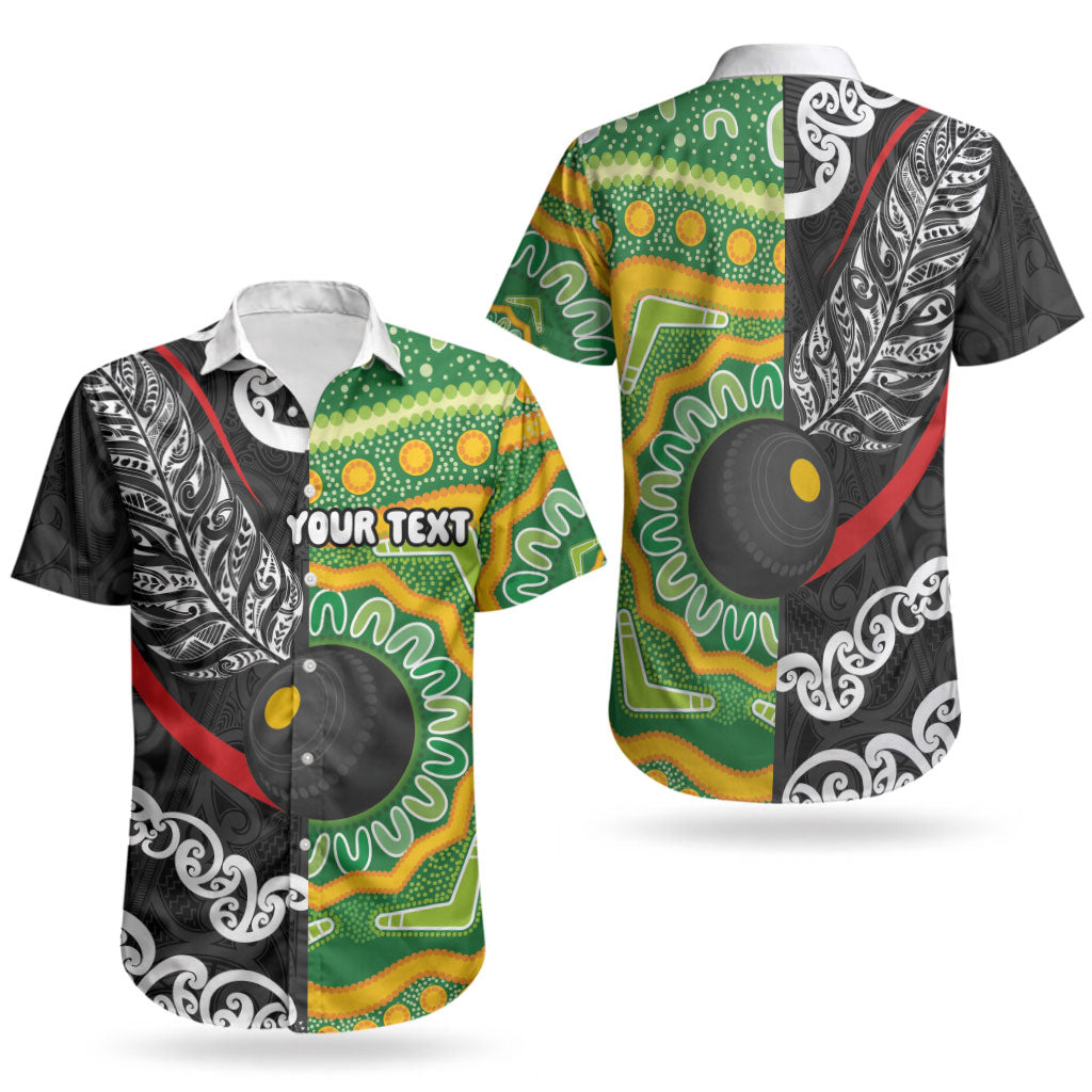 Personalised Aotearoa and Australia Lawn Bowls Couples Matching Off Shoulder Short Dress and Hawaiian Shirt Maori Fern and Aboriginal Pattern