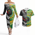 Personalised Aotearoa and Australia Lawn Bowls Couples Matching Off The Shoulder Long Sleeve Dress and Hawaiian Shirt Maori Fern and Aboriginal Pattern