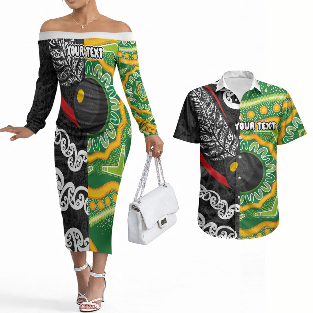 Personalised Aotearoa and Australia Lawn Bowls Couples Matching Off The Shoulder Long Sleeve Dress and Hawaiian Shirt Maori Fern and Aboriginal Pattern