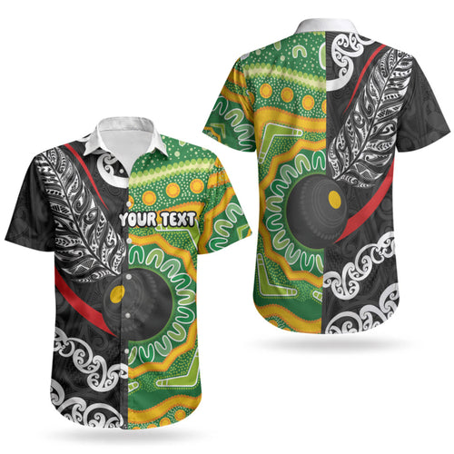 Personalised Aotearoa and Australia Lawn Bowls Couples Matching Off The Shoulder Long Sleeve Dress and Hawaiian Shirt Maori Fern and Aboriginal Pattern