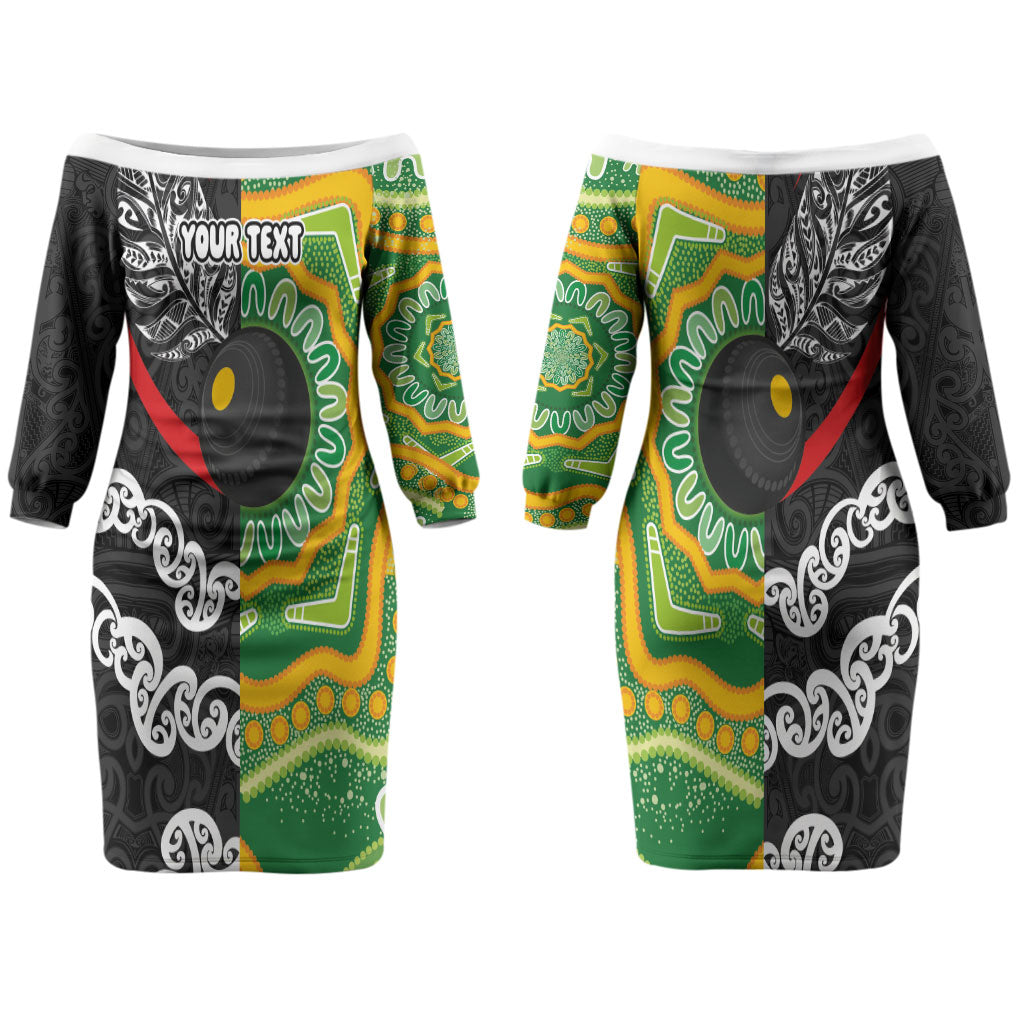 Personalised Aotearoa and Australia Lawn Bowls Couples Matching Off The Shoulder Long Sleeve Dress and Hawaiian Shirt Maori Fern and Aboriginal Pattern