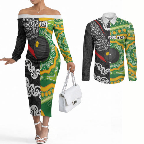 Personalised Aotearoa and Australia Lawn Bowls Couples Matching Off The Shoulder Long Sleeve Dress and Long Sleeve Button Shirt Maori Fern and Aboriginal Pattern