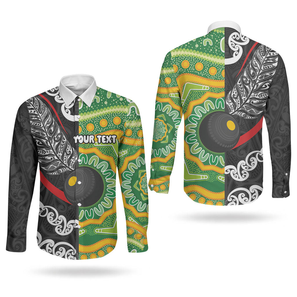 Personalised Aotearoa and Australia Lawn Bowls Couples Matching Off The Shoulder Long Sleeve Dress and Long Sleeve Button Shirt Maori Fern and Aboriginal Pattern