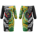 Personalised Aotearoa and Australia Lawn Bowls Couples Matching Off The Shoulder Long Sleeve Dress and Long Sleeve Button Shirt Maori Fern and Aboriginal Pattern