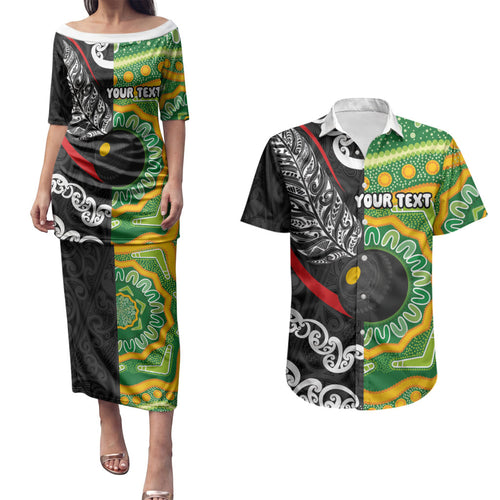 Personalised Aotearoa and Australia Lawn Bowls Couples Matching Puletasi and Hawaiian Shirt Maori Fern and Aboriginal Pattern