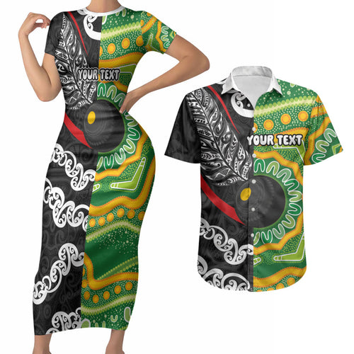 Personalised Aotearoa and Australia Lawn Bowls Couples Matching Short Sleeve Bodycon Dress and Hawaiian Shirt Maori Fern and Aboriginal Pattern