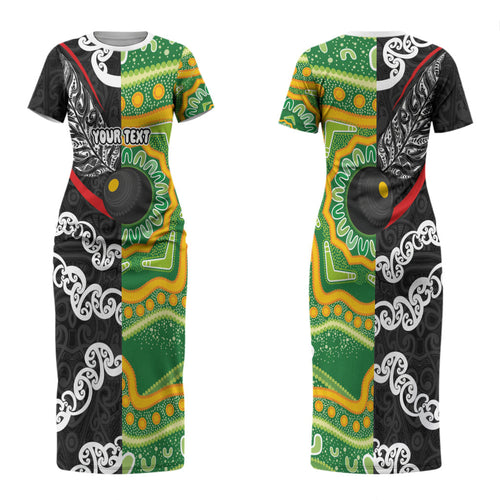 Personalised Aotearoa and Australia Lawn Bowls Couples Matching Short Sleeve Bodycon Dress and Hawaiian Shirt Maori Fern and Aboriginal Pattern