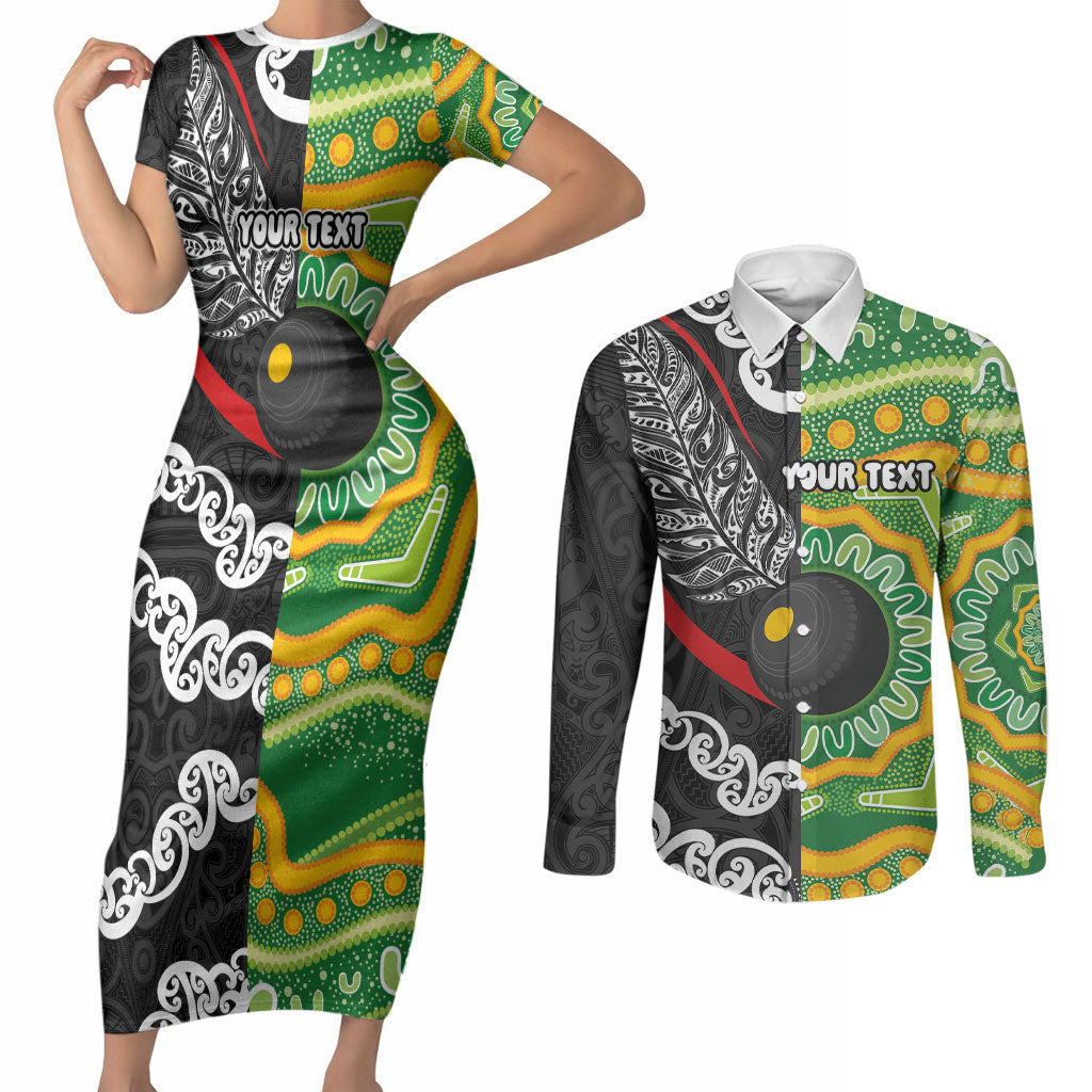 Personalised Aotearoa and Australia Lawn Bowls Couples Matching Short Sleeve Bodycon Dress and Long Sleeve Button Shirt Maori Fern and Aboriginal Pattern