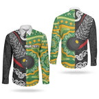 Personalised Aotearoa and Australia Lawn Bowls Couples Matching Short Sleeve Bodycon Dress and Long Sleeve Button Shirt Maori Fern and Aboriginal Pattern