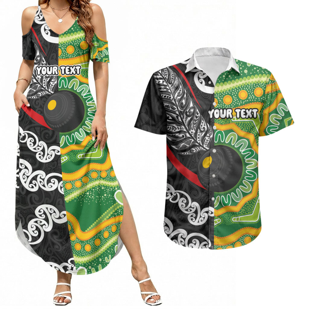 Personalised Aotearoa and Australia Lawn Bowls Couples Matching Summer Maxi Dress and Hawaiian Shirt Maori Fern and Aboriginal Pattern