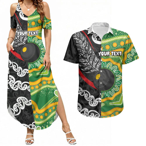 Personalised Aotearoa and Australia Lawn Bowls Couples Matching Summer Maxi Dress and Hawaiian Shirt Maori Fern and Aboriginal Pattern