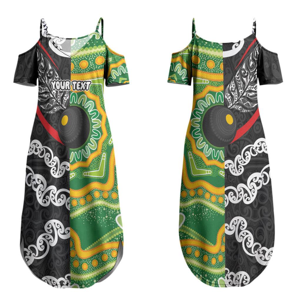 Personalised Aotearoa and Australia Lawn Bowls Couples Matching Summer Maxi Dress and Hawaiian Shirt Maori Fern and Aboriginal Pattern
