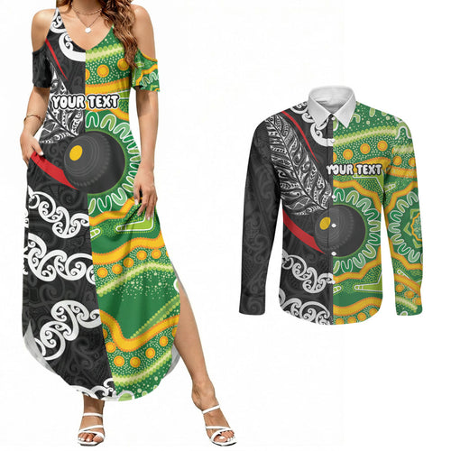 Personalised Aotearoa and Australia Lawn Bowls Couples Matching Summer Maxi Dress and Long Sleeve Button Shirt Maori Fern and Aboriginal Pattern