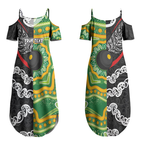 Personalised Aotearoa and Australia Lawn Bowls Couples Matching Summer Maxi Dress and Long Sleeve Button Shirt Maori Fern and Aboriginal Pattern