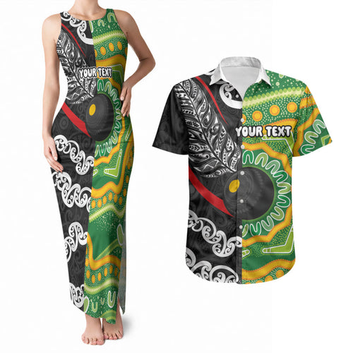 Personalised Aotearoa and Australia Lawn Bowls Couples Matching Tank Maxi Dress and Hawaiian Shirt Maori Fern and Aboriginal Pattern