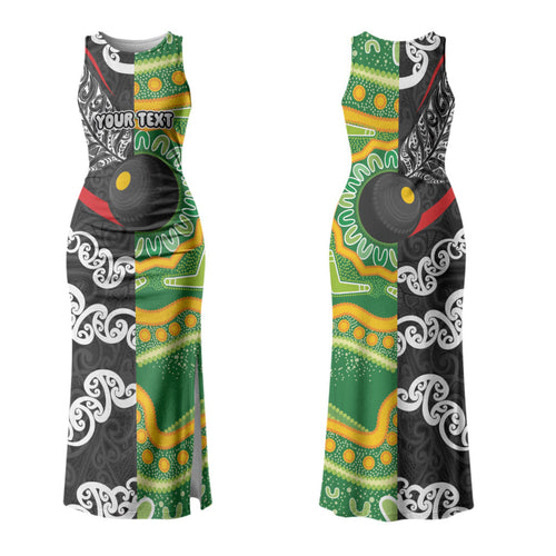 Personalised Aotearoa and Australia Lawn Bowls Couples Matching Tank Maxi Dress and Hawaiian Shirt Maori Fern and Aboriginal Pattern