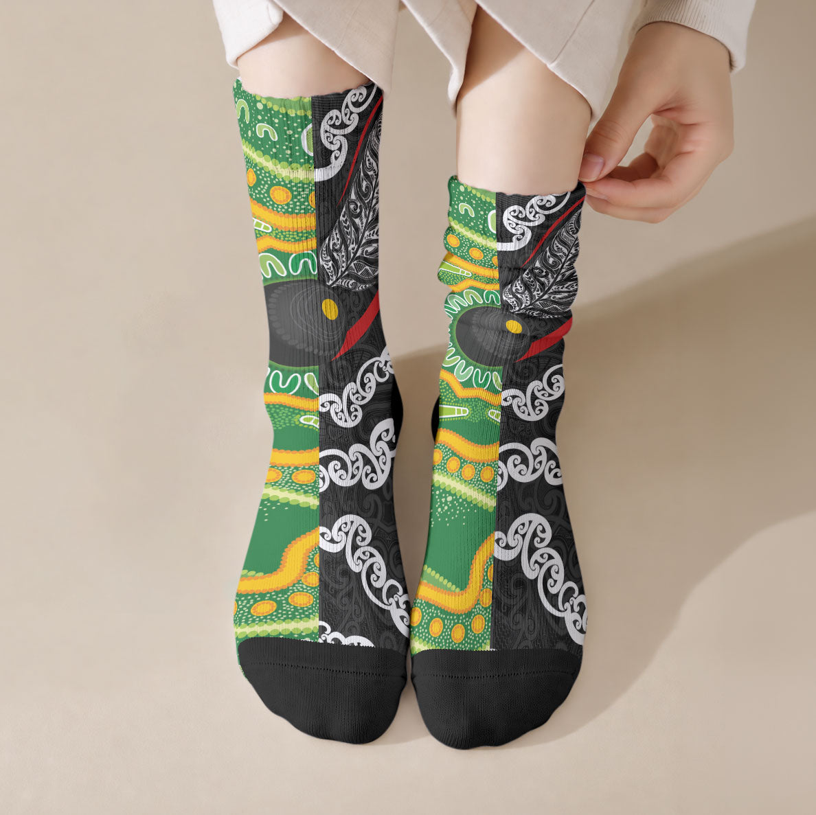 Aotearoa and Australia Lawn Bowls Crew Socks Maori Fern and Aboriginal Pattern
