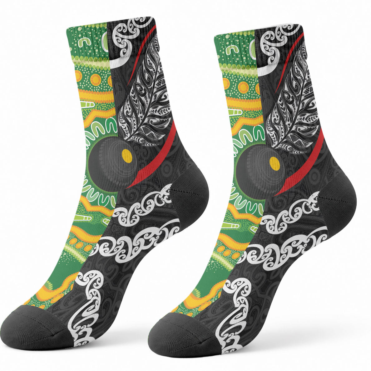 Aotearoa and Australia Lawn Bowls Crew Socks Maori Fern and Aboriginal Pattern