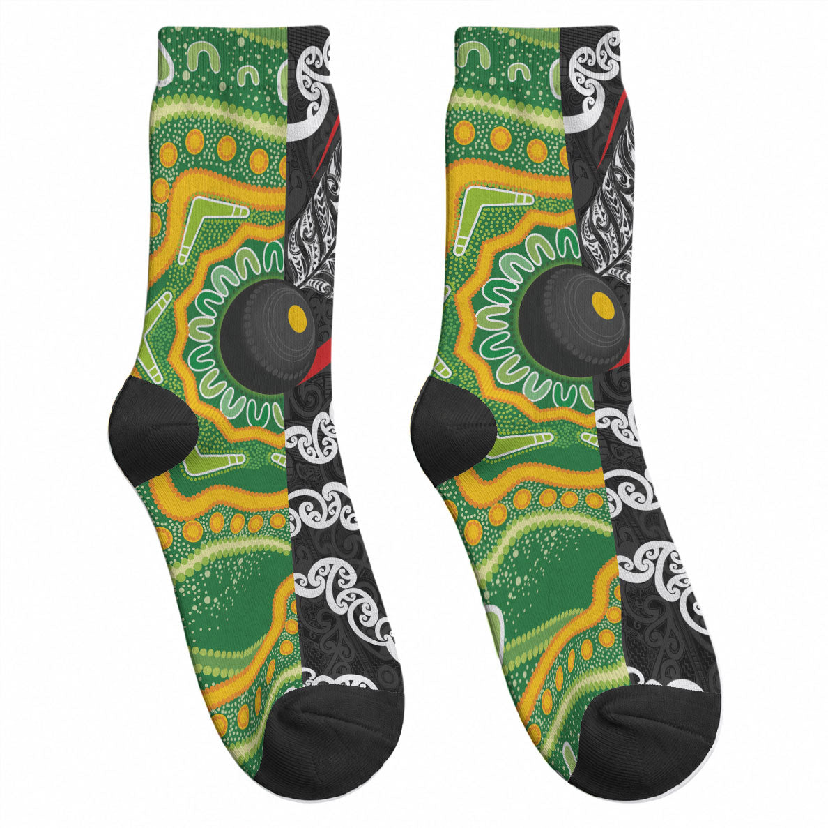 Aotearoa and Australia Lawn Bowls Crew Socks Maori Fern and Aboriginal Pattern