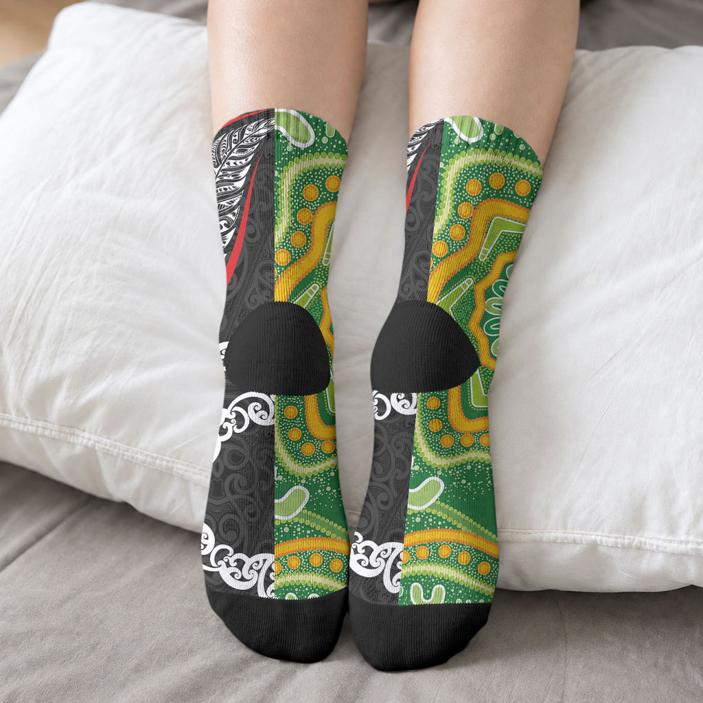 Aotearoa and Australia Lawn Bowls Crew Socks Maori Fern and Aboriginal Pattern